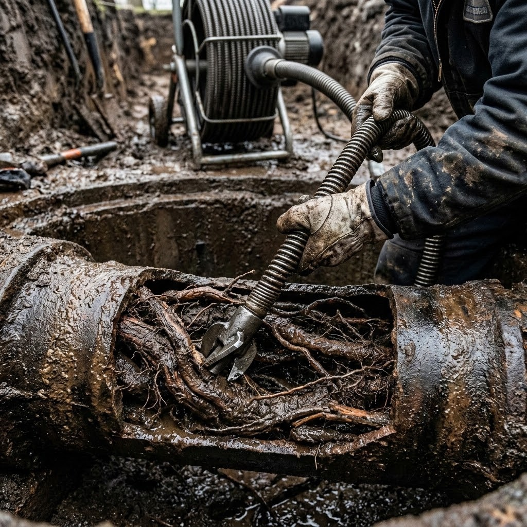 A metal drain snake clearing thick tree roots from a sewer pipe
