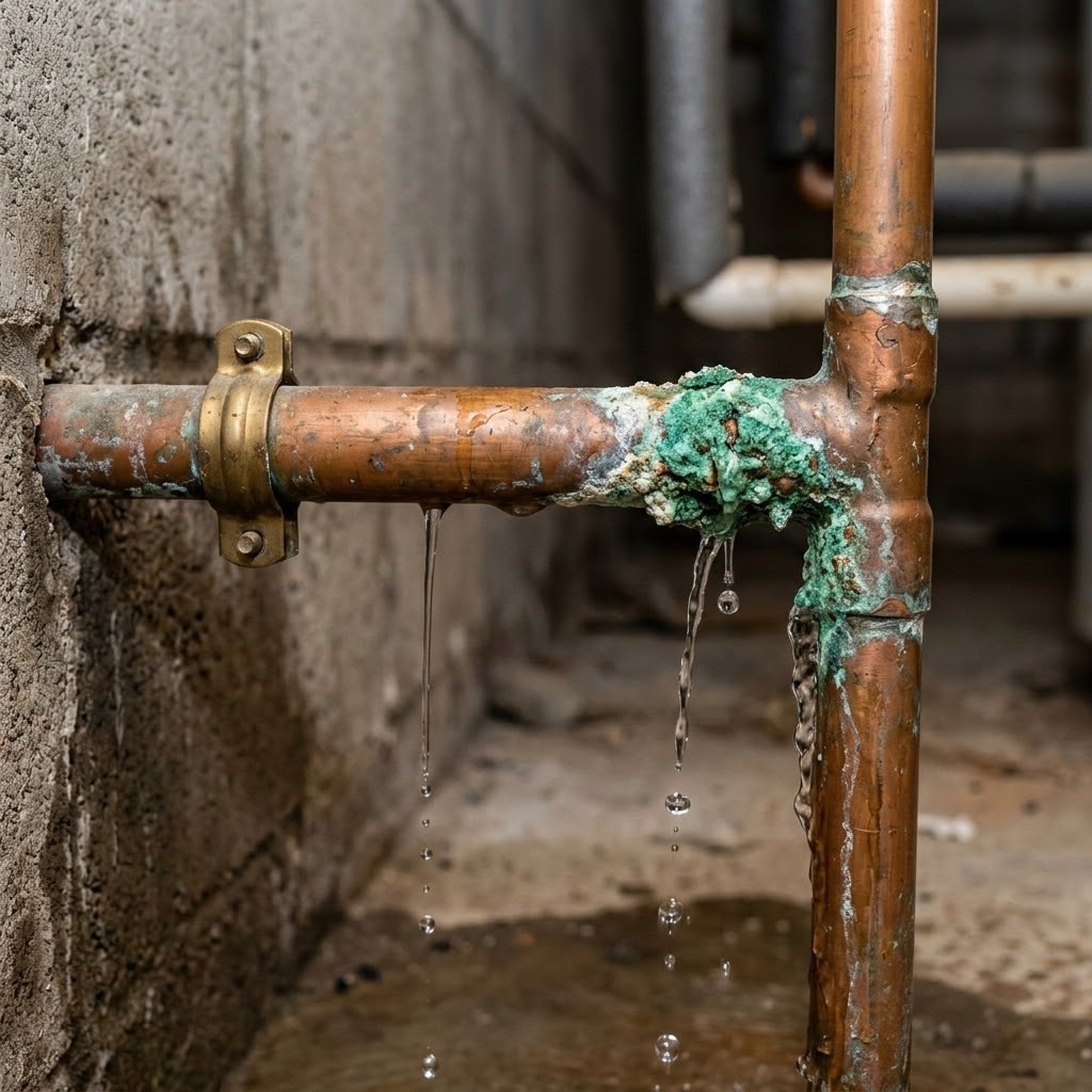 Copper plumbing pipe with a green crusty spot leaking water