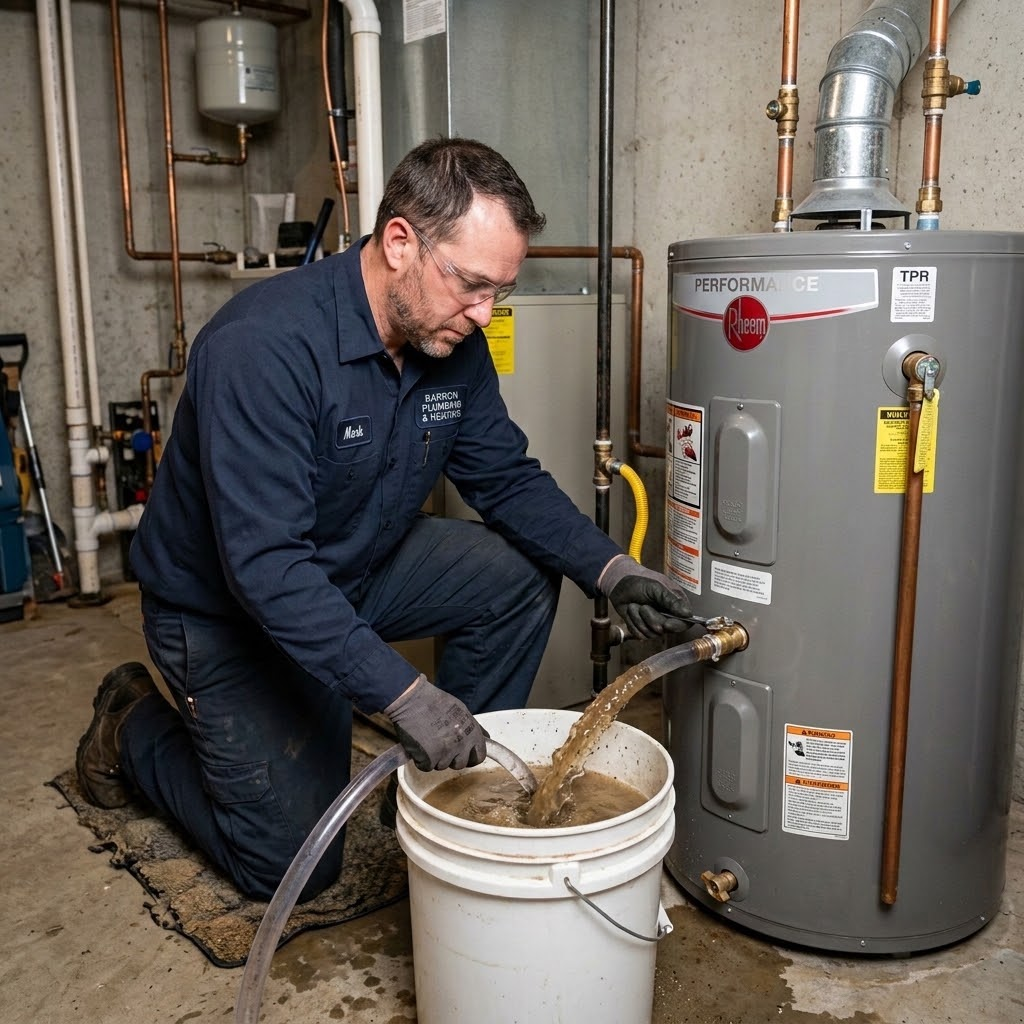Plumber flushing sediment from water heater drain valve